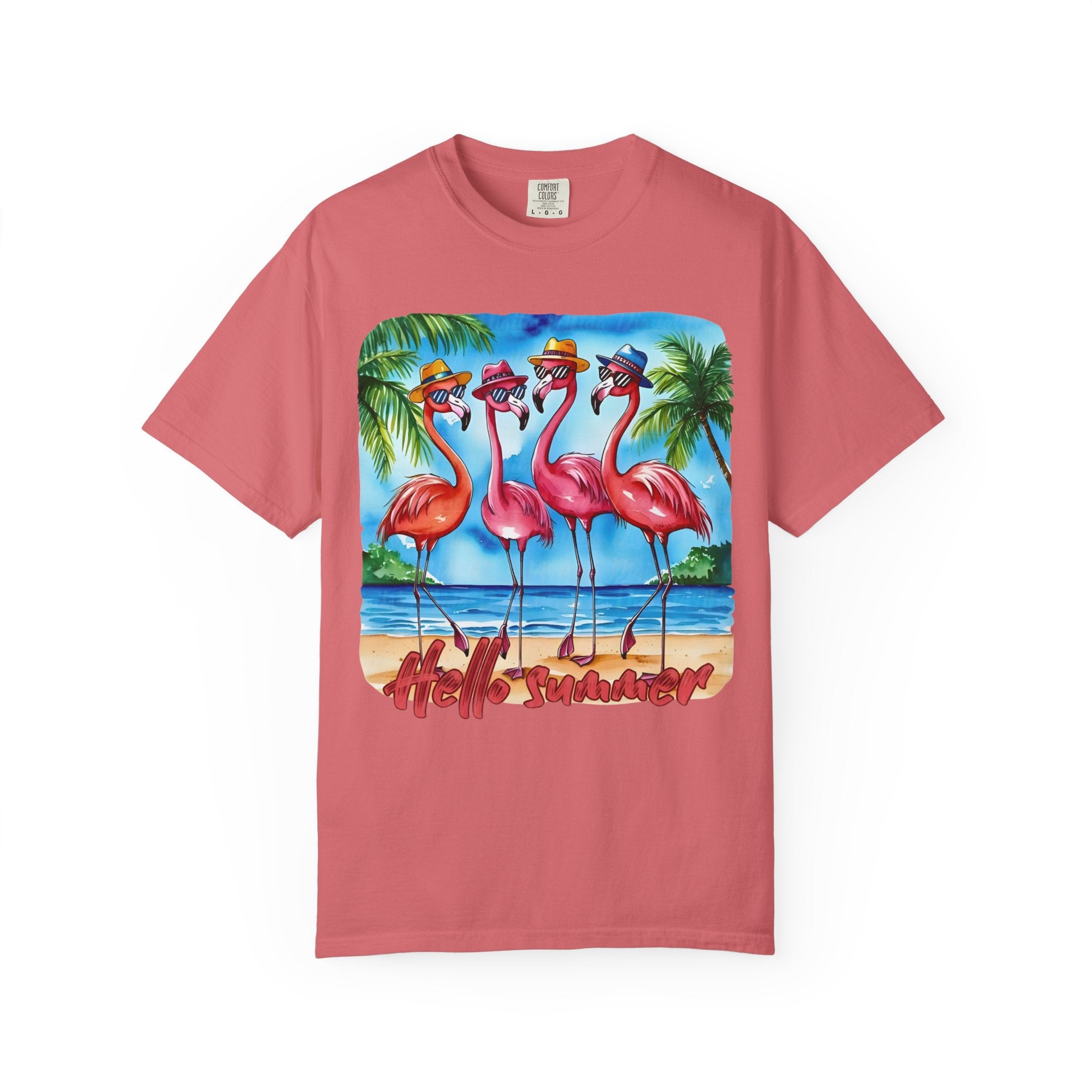 Retro Flamingo Beach Hello Summer Graphic Tee