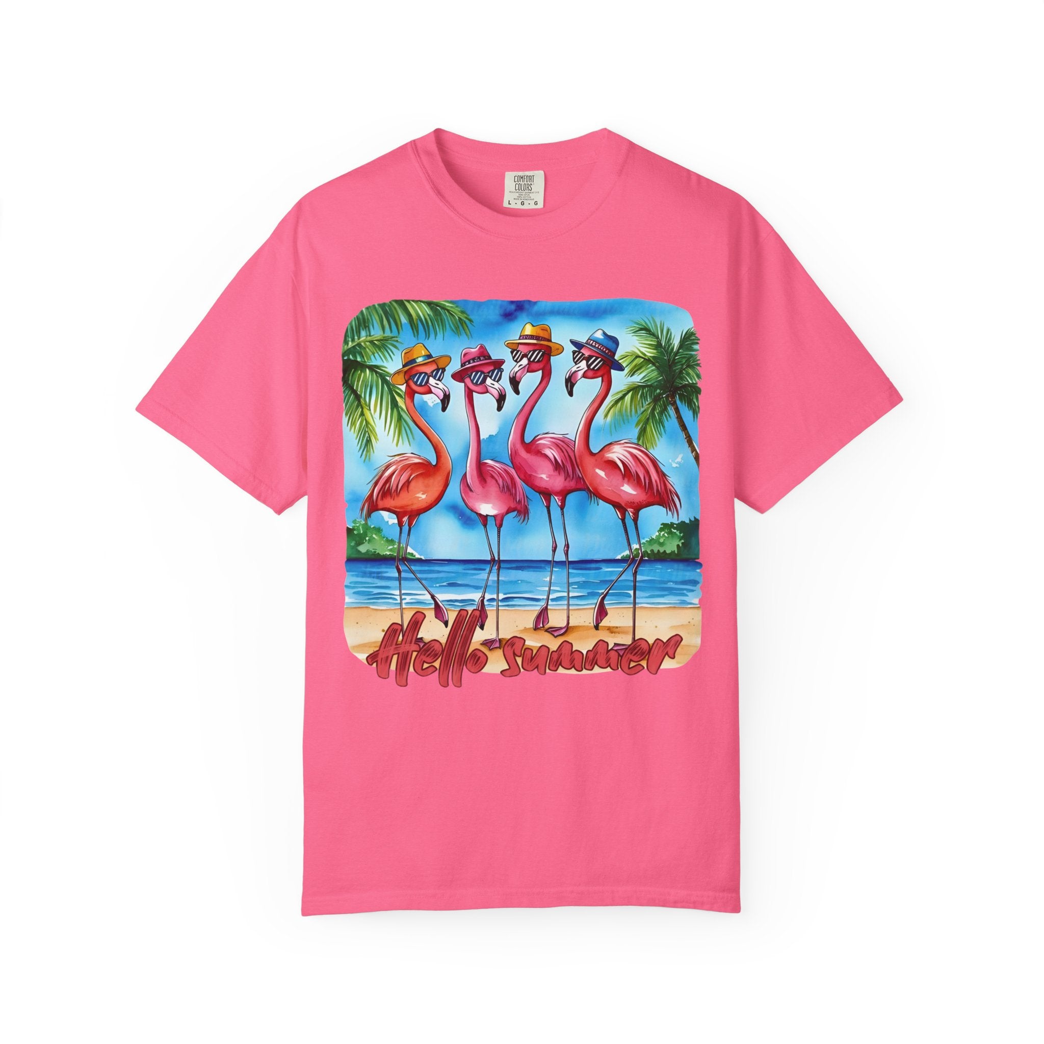 Retro Flamingo Beach Hello Summer Graphic Tee