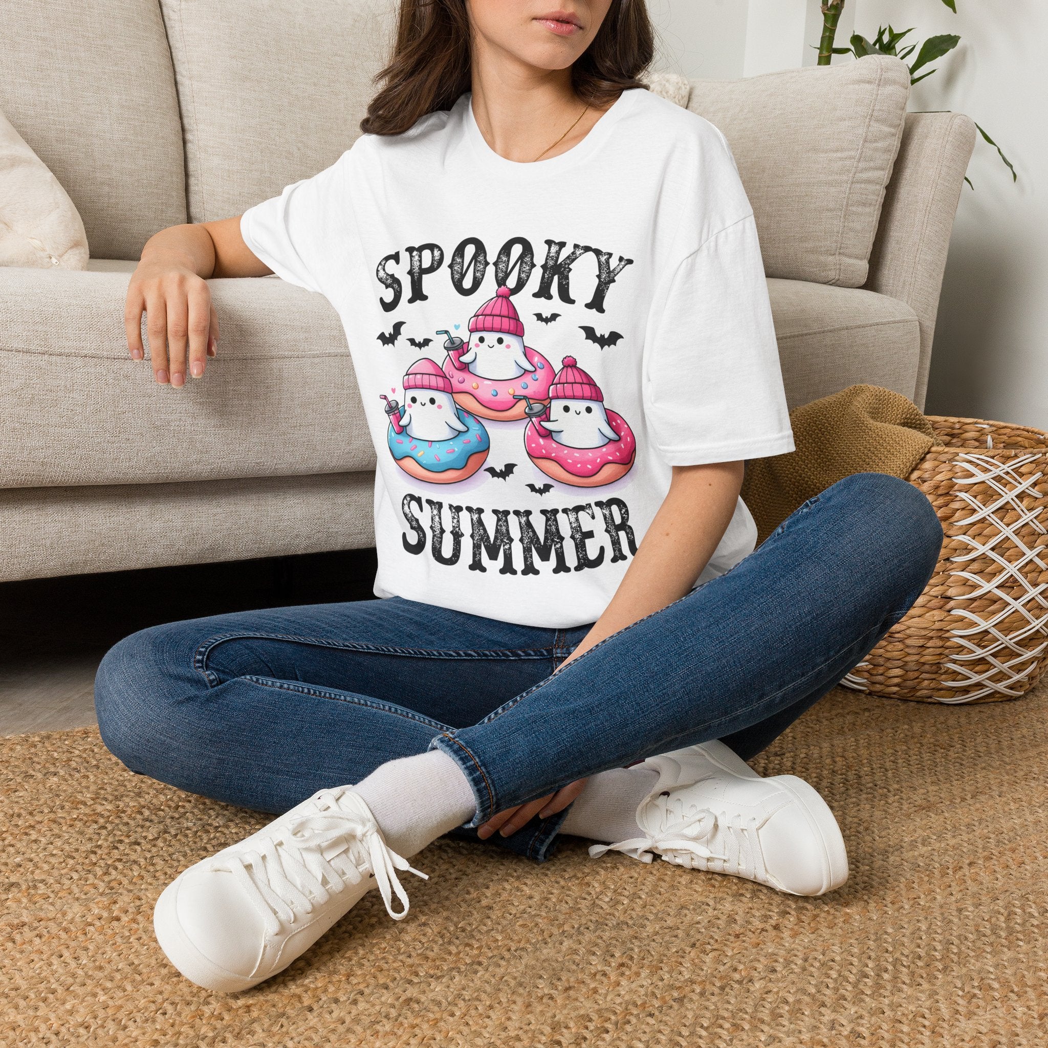 Spooky Summer Ghost Donut T-Shirt — Cute Halloween Beach Vibes